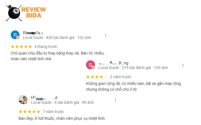 Một số đánh giá của khách hàng dành cho quán Bida Bà Chiểu