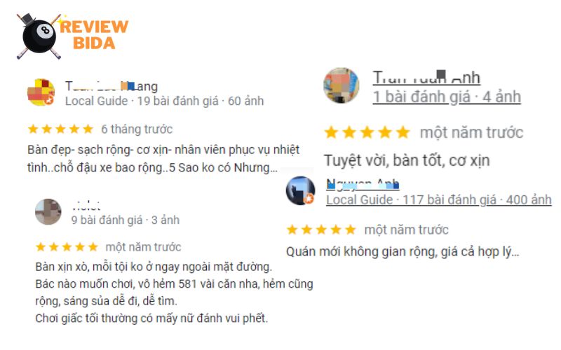 Các đánh giá của khách chơi tại CLB Bida A+