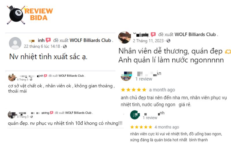 Các đánh giá về CLB Bida Wolf từ anh em đến trải nghiệm