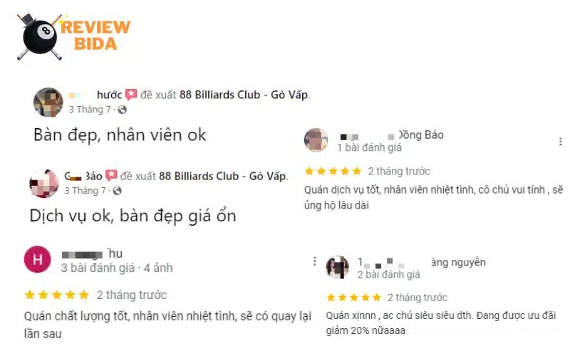 Một số lời đánh giá của anh em khi ghé 88 Biliiards