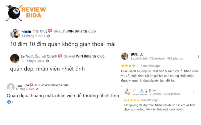 Các đánh giá của anh em tới chơi tại Win Bida Club