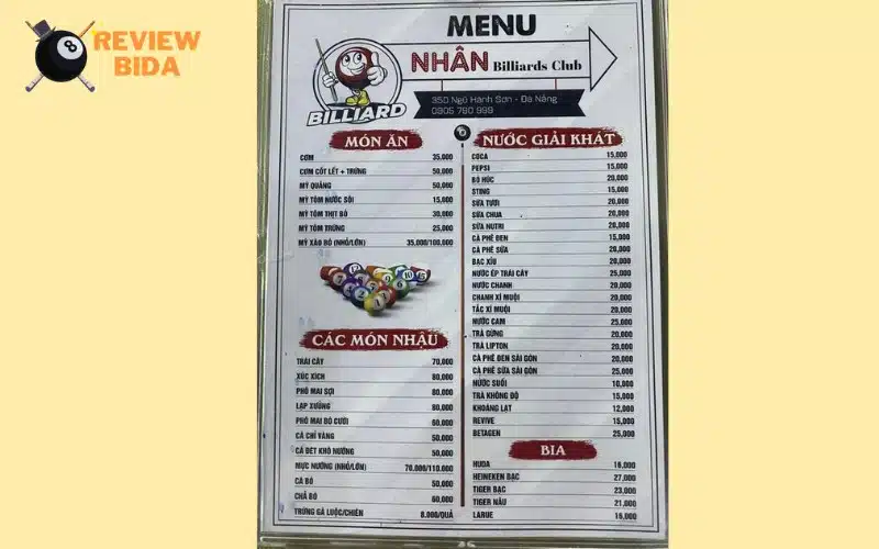 Menu tại Nhân Club cũng rất đa dạng với giá khá rẻ