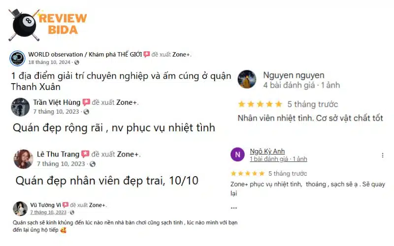 Các đánh giá của anh em tới chơi tại Zone+ Bida Nguyễn Trãi